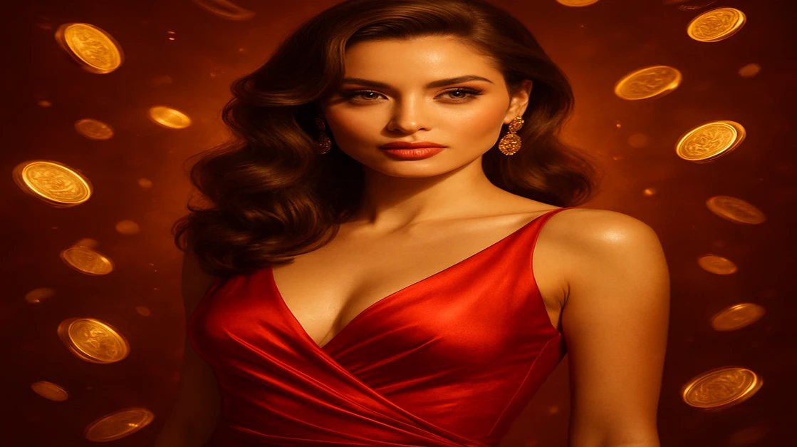 cv99-এ বড় জয়ের প্রতীক হিসেবে লাল পোশাক পরা একজন নারী স্বর্ণমুদ্রায় ঘেরা অবস্থায় রয়েছেন।